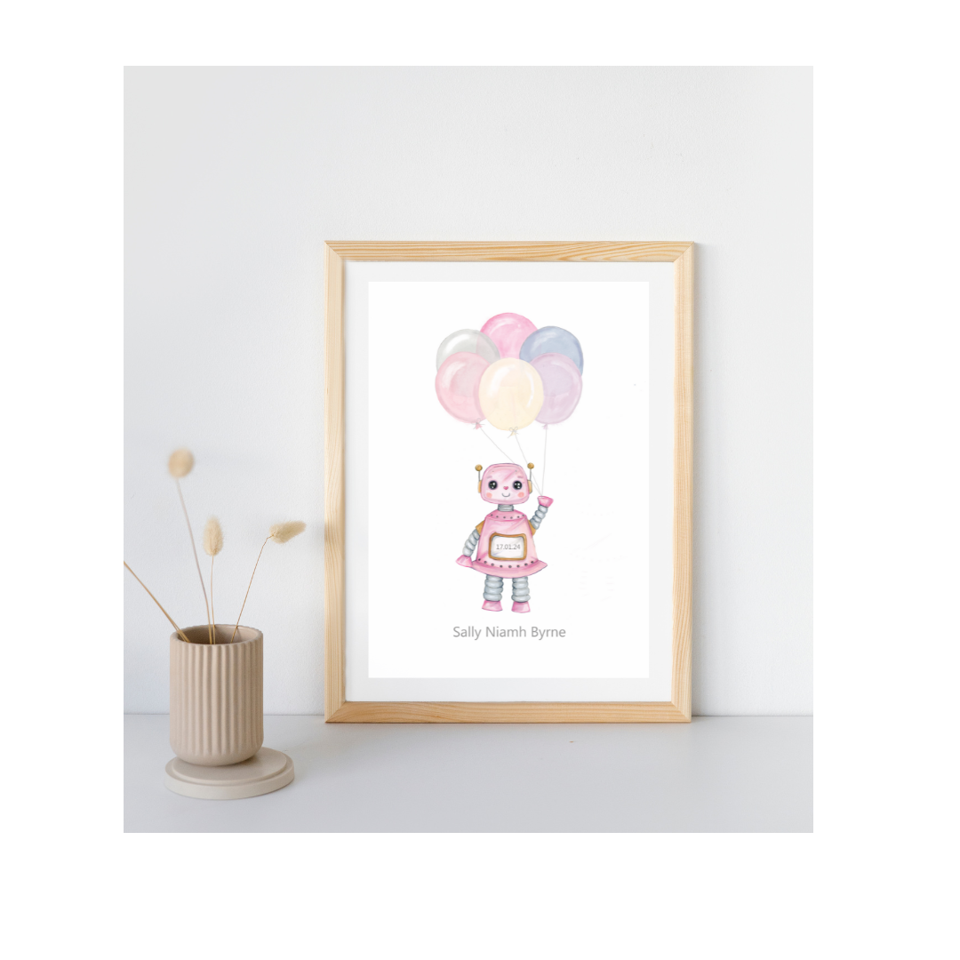 Print of Pink Robot & Balloons Illustration