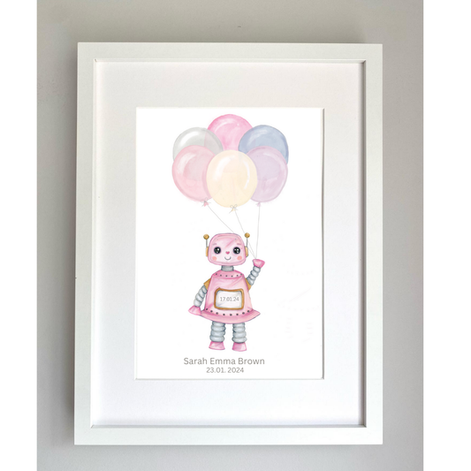 Print of Pink Robot & Balloons Illustration