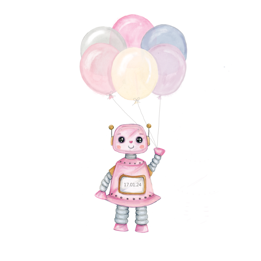 Print of Pink Robot & Balloons Illustration